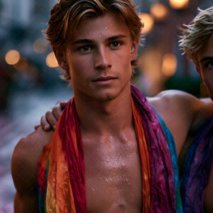 AI-generated Pride celebration art handsome men at vibrant LGBTQ+ Pride parades, embellished with rainbow colors, walking with pride, and celebrating love. By Jeff Dupler.