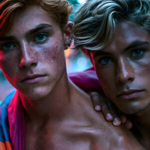 AI-generated Pride celebration art handsome men at vibrant LGBTQ+ Pride parades, embellished with rainbow colors, walking with pride, and celebrating love. By Jeff Dupler.