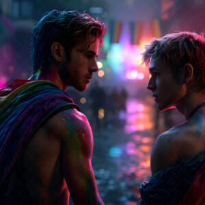 AI-generated Pride celebration art handsome men at vibrant LGBTQ+ Pride parades, embellished with rainbow colors, walking with pride, and celebrating love. By Jeff Dupler.
