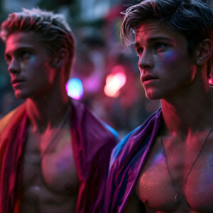 AI-generated Pride celebration art handsome men at vibrant LGBTQ+ Pride parades, embellished with rainbow colors, walking with pride, and celebrating love. By Jeff Dupler.