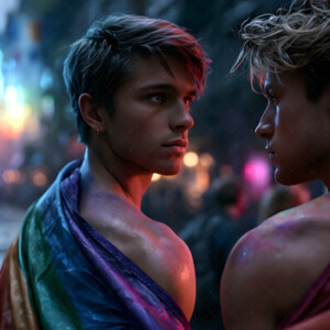 AI-generated Pride celebration art handsome men at vibrant LGBTQ+ Pride parades, embellished with rainbow colors, walking with pride, and celebrating love. By Jeff Dupler.