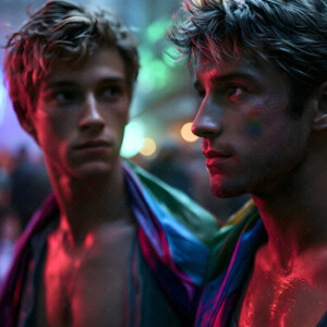 AI-generated Pride celebration art handsome men at vibrant LGBTQ+ Pride parades, embellished with rainbow colors, walking with pride, and celebrating love. By Jeff Dupler.