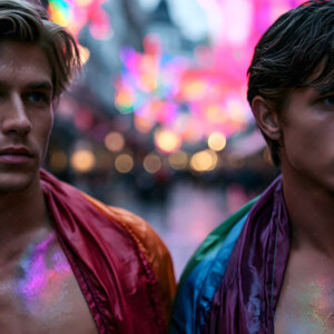 AI-generated Pride celebration art handsome men at vibrant LGBTQ+ Pride parades, embellished with rainbow colors, walking with pride, and celebrating love. By Jeff Dupler.