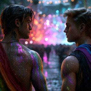 AI-generated Pride celebration art handsome men at vibrant LGBTQ+ Pride parades, embellished with rainbow colors, walking with pride, and celebrating love. By Jeff Dupler.