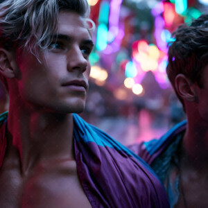 AI-generated Pride celebration art handsome men at vibrant LGBTQ+ Pride parades, embellished with rainbow colors, walking with pride, and celebrating love. By Jeff Dupler.