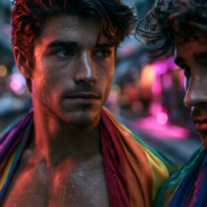 AI-generated Pride celebration art handsome men at vibrant LGBTQ+ Pride parades, embellished with rainbow colors, walking with pride, and celebrating love. By Jeff Dupler.