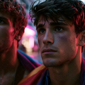 AI-generated Pride celebration art handsome men at vibrant LGBTQ+ Pride parades, embellished with rainbow colors, walking with pride, and celebrating love. By Jeff Dupler.