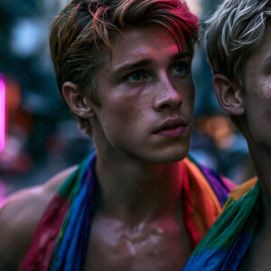 AI-generated Pride celebration art handsome men at vibrant LGBTQ+ Pride parades, embellished with rainbow colors, walking with pride, and celebrating love. By Jeff Dupler.
