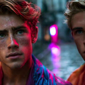 AI-generated Pride celebration art handsome men at vibrant LGBTQ+ Pride parades, embellished with rainbow colors, walking with pride, and celebrating love. By Jeff Dupler.