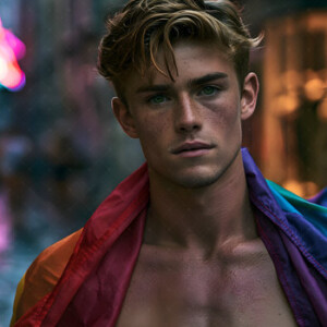AI-generated Pride celebration art handsome men at vibrant LGBTQ+ Pride parades, embellished with rainbow colors, walking with pride, and celebrating love. By Jeff Dupler.