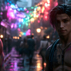 AI-generated Pride celebration art handsome men at vibrant LGBTQ+ Pride parades, embellished with rainbow colors, walking with pride, and celebrating love. By Jeff Dupler.