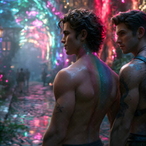 AI-generated Pride celebration art handsome men at vibrant LGBTQ+ Pride parades, embellished with rainbow colors, walking with pride, and celebrating love. By Jeff Dupler.