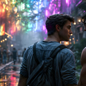 AI-generated Pride celebration art handsome men at vibrant LGBTQ+ Pride parades, embellished with rainbow colors, walking with pride, and celebrating love. By Jeff Dupler.