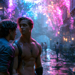 AI-generated Pride celebration art handsome men at vibrant LGBTQ+ Pride parades, embellished with rainbow colors, walking with pride, and celebrating love. By Jeff Dupler.
