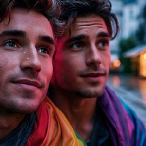 AI-generated Pride celebration art handsome men at vibrant LGBTQ+ Pride parades, embellished with rainbow colors, walking with pride, and celebrating love. By Jeff Dupler.