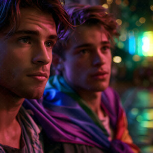 AI-generated Pride celebration art handsome men at vibrant LGBTQ+ Pride parades, embellished with rainbow colors, walking with pride, and celebrating love. By Jeff Dupler.