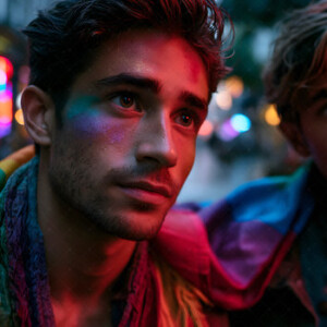 AI-generated Pride celebration art handsome men at vibrant LGBTQ+ Pride parades, embellished with rainbow colors, walking with pride, and celebrating love. By Jeff Dupler.