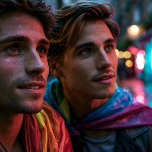 AI-generated Pride celebration art handsome men at vibrant LGBTQ+ Pride parades, embellished with rainbow colors, walking with pride, and celebrating love. By Jeff Dupler.