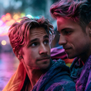 AI-generated Pride celebration art handsome men at vibrant LGBTQ+ Pride parades, embellished with rainbow colors, walking with pride, and celebrating love. By Jeff Dupler.