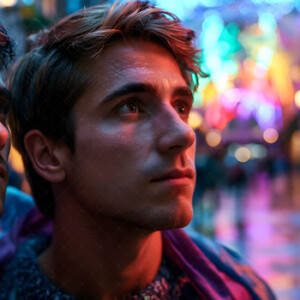 AI-generated Pride celebration art handsome men at vibrant LGBTQ+ Pride parades, embellished with rainbow colors, walking with pride, and celebrating love. By Jeff Dupler.