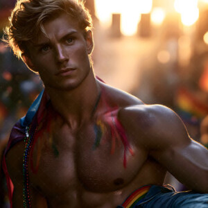 AI-generated Pride celebration art handsome men at vibrant LGBTQ+ Pride parades, embellished with rainbow colors, walking with pride, and celebrating love. By Jeff Dupler.