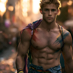 AI-generated Pride celebration art handsome men at vibrant LGBTQ+ Pride parades, embellished with rainbow colors, walking with pride, and celebrating love. By Jeff Dupler.