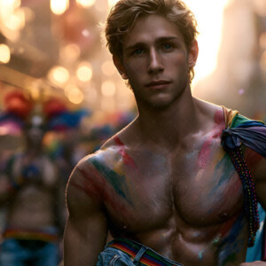 AI-generated Pride celebration art handsome men at vibrant LGBTQ+ Pride parades, embellished with rainbow colors, walking with pride, and celebrating love. By Jeff Dupler.