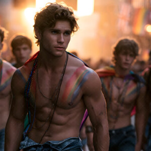 AI-generated Pride celebration art handsome men at vibrant LGBTQ+ Pride parades, embellished with rainbow colors, walking with pride, and celebrating love. By Jeff Dupler.