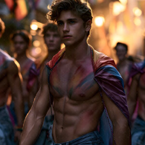 AI-generated Pride celebration art handsome men at vibrant LGBTQ+ Pride parades, embellished with rainbow colors, walking with pride, and celebrating love. By Jeff Dupler.