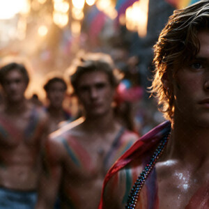 AI-generated Pride celebration art handsome men at vibrant LGBTQ+ Pride parades, embellished with rainbow colors, walking with pride, and celebrating love. By Jeff Dupler.