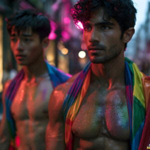 AI-generated Pride celebration art handsome men at vibrant LGBTQ+ Pride parades, embellished with rainbow colors, walking with pride, and celebrating love. By Jeff Dupler.