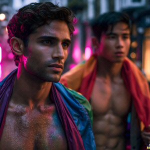 AI-generated Pride celebration art handsome men at vibrant LGBTQ+ Pride parades, embellished with rainbow colors, walking with pride, and celebrating love. By Jeff Dupler.