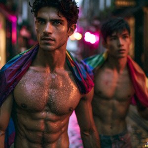 AI-generated Pride celebration art handsome men at vibrant LGBTQ+ Pride parades, embellished with rainbow colors, walking with pride, and celebrating love. By Jeff Dupler.