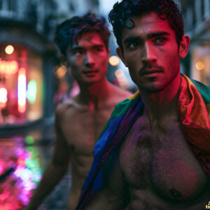AI-generated Pride celebration art handsome men at vibrant LGBTQ+ Pride parades, embellished with rainbow colors, walking with pride, and celebrating love. By Jeff Dupler.