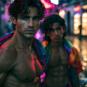 AI-generated Pride celebration art handsome men at vibrant LGBTQ+ Pride parades, embellished with rainbow colors, walking with pride, and celebrating love. By Jeff Dupler.