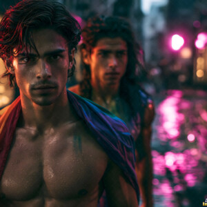AI-generated Pride celebration art handsome men at vibrant LGBTQ+ Pride parades, embellished with rainbow colors, walking with pride, and celebrating love. By Jeff Dupler.