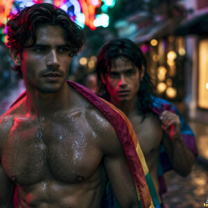 AI-generated Pride celebration art handsome men at vibrant LGBTQ+ Pride parades, embellished with rainbow colors, walking with pride, and celebrating love. By Jeff Dupler.