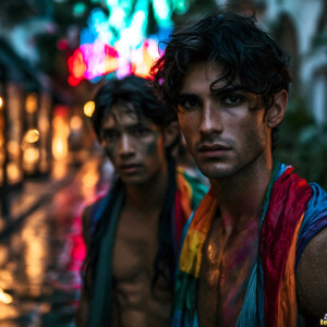 AI-generated Pride celebration art handsome men at vibrant LGBTQ+ Pride parades, embellished with rainbow colors, walking with pride, and celebrating love. By Jeff Dupler.