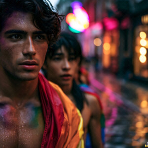 AI-generated Pride celebration art handsome men at vibrant LGBTQ+ Pride parades, embellished with rainbow colors, walking with pride, and celebrating love. By Jeff Dupler.