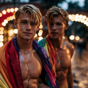 AI-generated Pride celebration art handsome men at vibrant LGBTQ+ Pride parades, embellished with rainbow colors, walking with pride, and celebrating love. By Jeff Dupler.