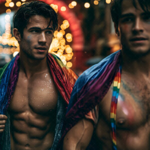 AI-generated Pride celebration art handsome men at vibrant LGBTQ+ Pride parades, embellished with rainbow colors, walking with pride, and celebrating love. By Jeff Dupler.