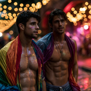 AI-generated Pride celebration art handsome men at vibrant LGBTQ+ Pride parades, embellished with rainbow colors, walking with pride, and celebrating love. By Jeff Dupler.