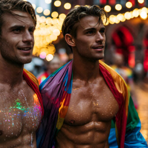 AI-generated Pride celebration art handsome men at vibrant LGBTQ+ Pride parades, embellished with rainbow colors, walking with pride, and celebrating love. By Jeff Dupler.