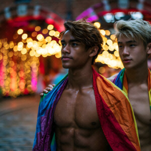AI-generated Pride celebration art handsome men at vibrant LGBTQ+ Pride parades, embellished with rainbow colors, walking with pride, and celebrating love. By Jeff Dupler.