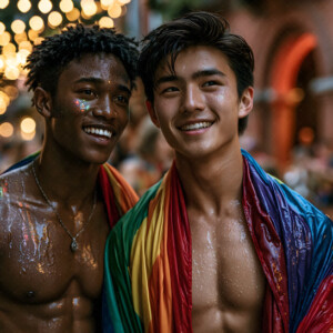 AI-generated Pride celebration art handsome men at vibrant LGBTQ+ Pride parades, embellished with rainbow colors, walking with pride, and celebrating love. By Jeff Dupler.