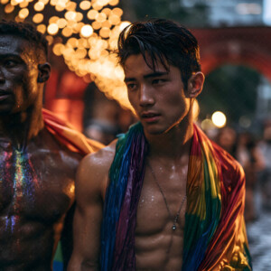 AI-generated Pride celebration art handsome men at vibrant LGBTQ+ Pride parades, embellished with rainbow colors, walking with pride, and celebrating love. By Jeff Dupler.