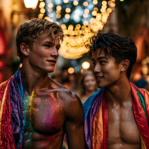 AI-generated Pride celebration art handsome men at vibrant LGBTQ+ Pride parades, embellished with rainbow colors, walking with pride, and celebrating love. By Jeff Dupler.