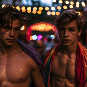 AI-generated Pride celebration art handsome men at vibrant LGBTQ+ Pride parades, embellished with rainbow colors, walking with pride, and celebrating love. By Jeff Dupler.