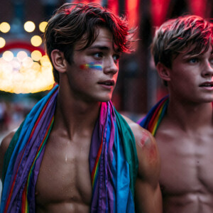 AI-generated Pride celebration art handsome men at vibrant LGBTQ+ Pride parades, embellished with rainbow colors, walking with pride, and celebrating love. By Jeff Dupler.