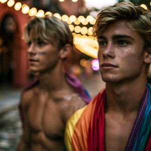 AI-generated Pride celebration art handsome men at vibrant LGBTQ+ Pride parades, embellished with rainbow colors, walking with pride, and celebrating love. By Jeff Dupler.